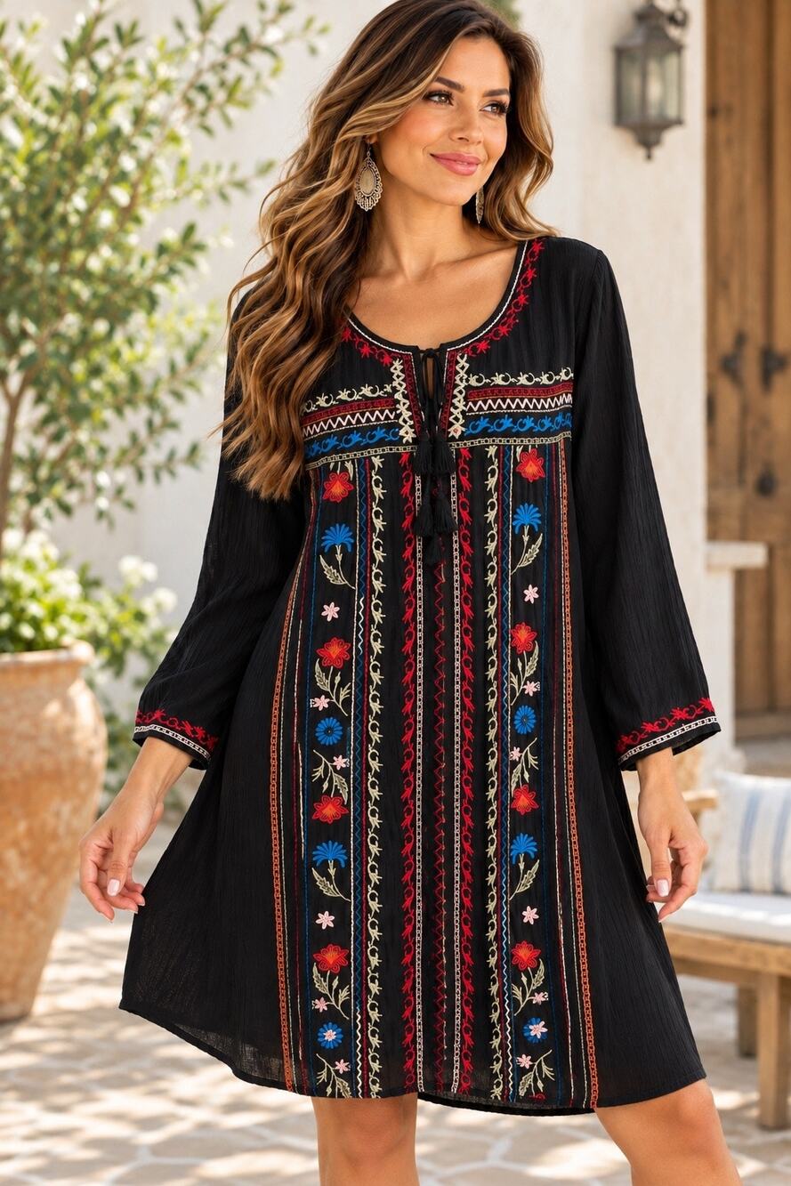 Velzera Black Floral Embroidered Tunic Dress Women’s Size Large NWT